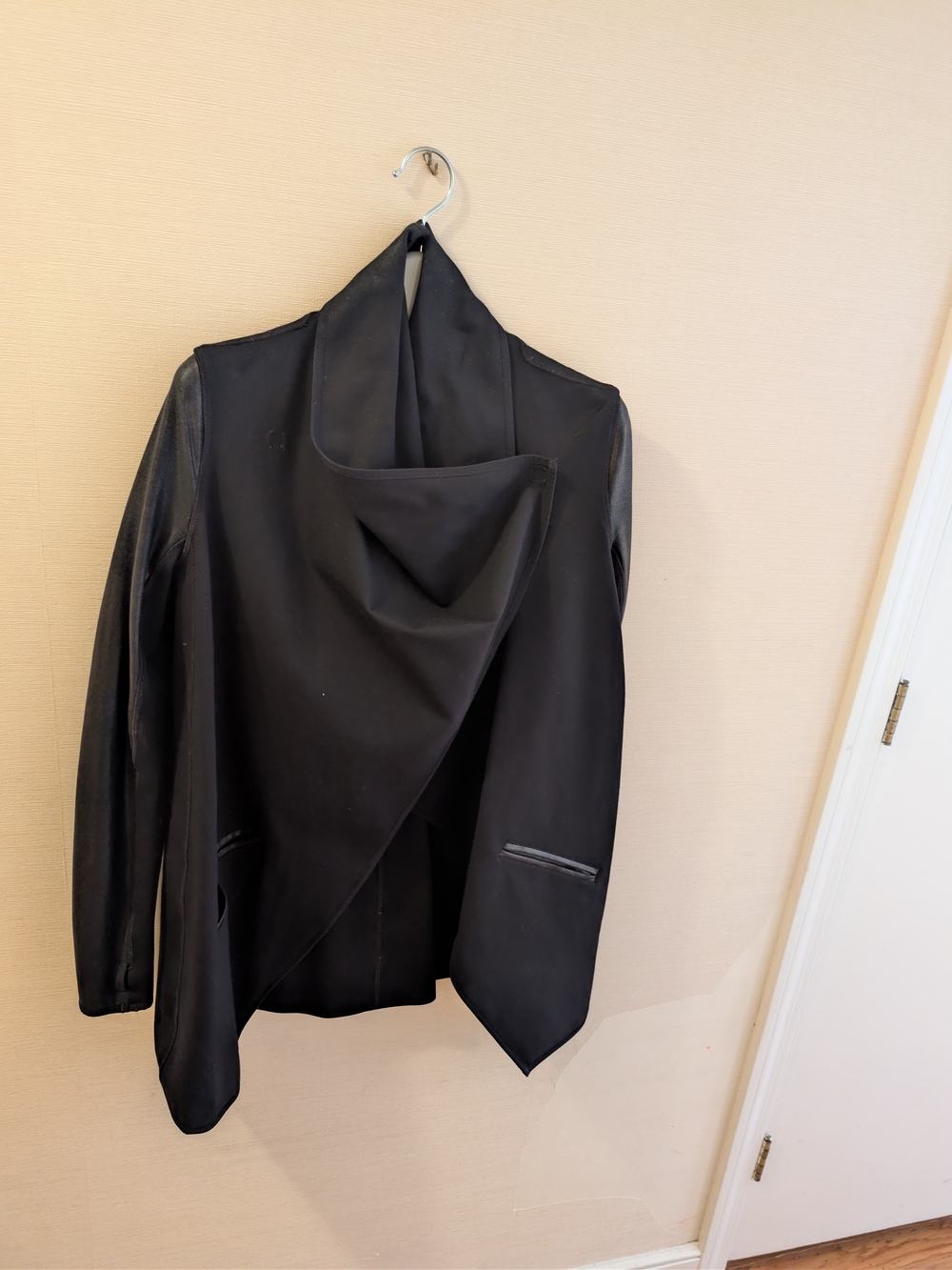 SPANX Black Draped Open-Front Blazer with Faux-Leather Sleeves